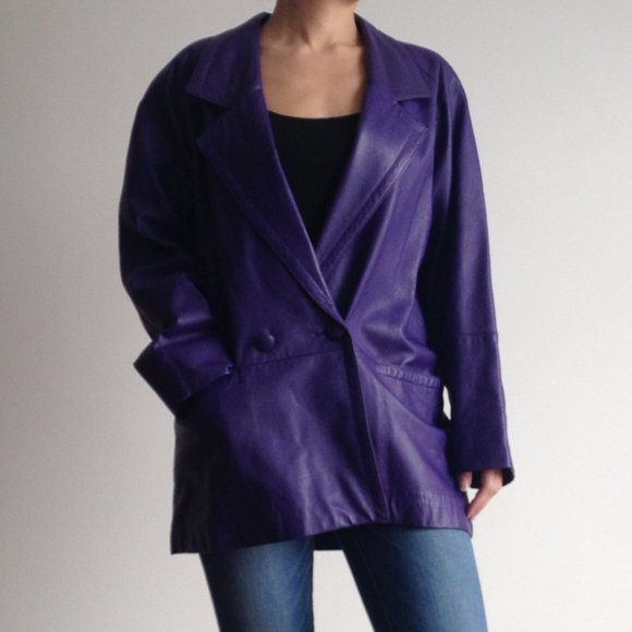 Vintage Jackets & Blazers - VINTAGE Double Breasted Purple Leather Jacket